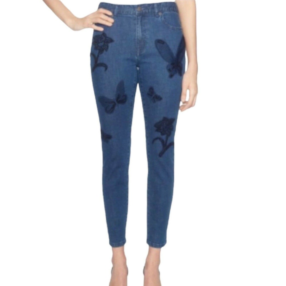 Magaschoni Butterfly Beaded Skinny Leg Stretch Denim Jeans Womens Size 4